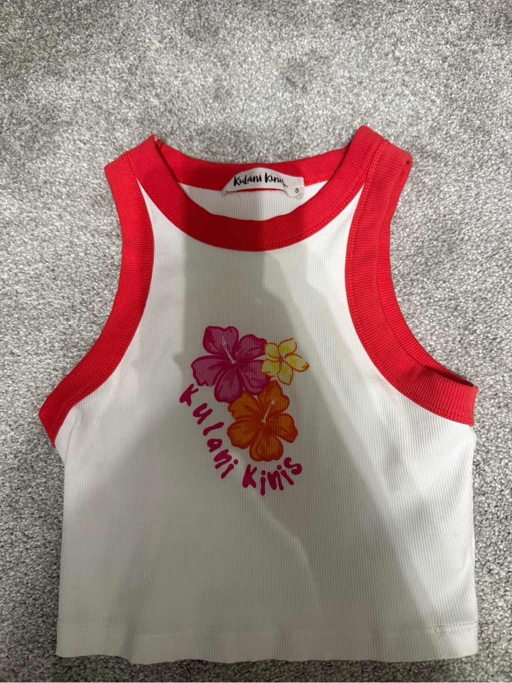 Kulani Kinis White Tank Top with Red Trim and Multi-Color Floral Print